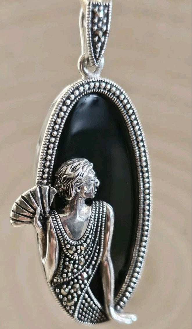 Vintage 925 Sterling Silver Black Onyx Marcasite Lady Pendant Art Deco 12.06g
