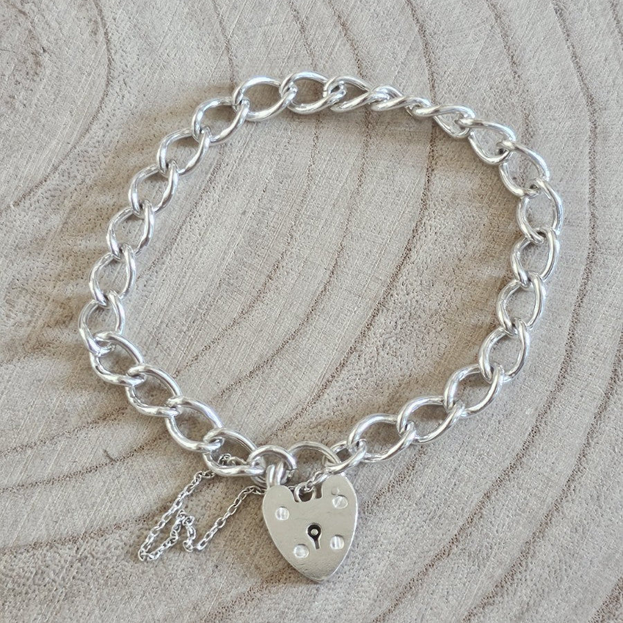 Vintage 1969 Sterling Silver Curb Bracelet Heart Padlock Hallmarked 14.38g