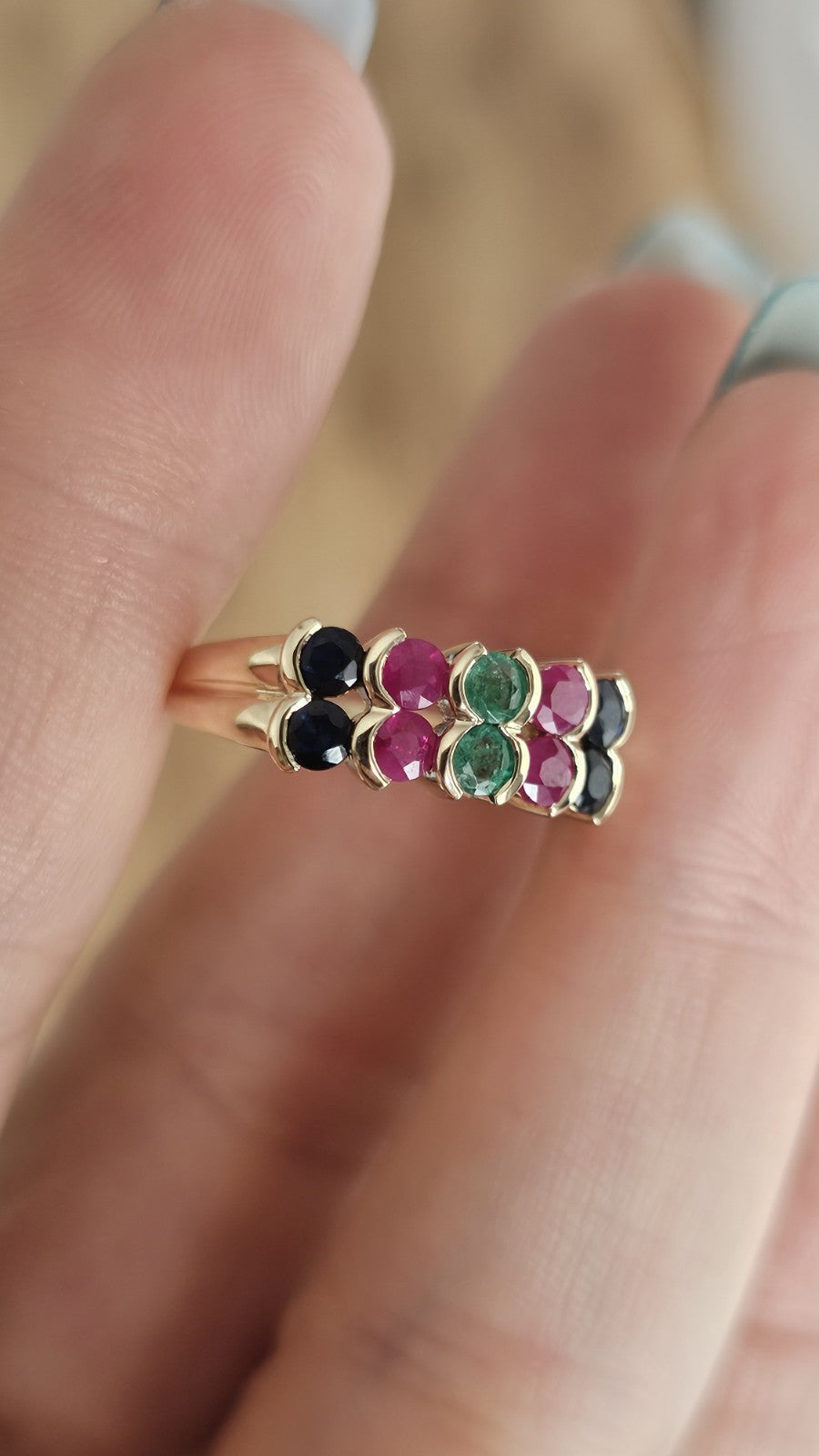 9ct Yellow Gold Natural Ruby Emerald Sapphire Multi Gem Ring Size O 1/2 3.07g