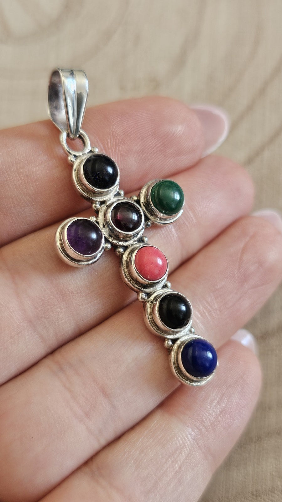 925 Sterling Silver Multi Gemstone Cross Pendant –Lapis, Garnet, Amethyst & More