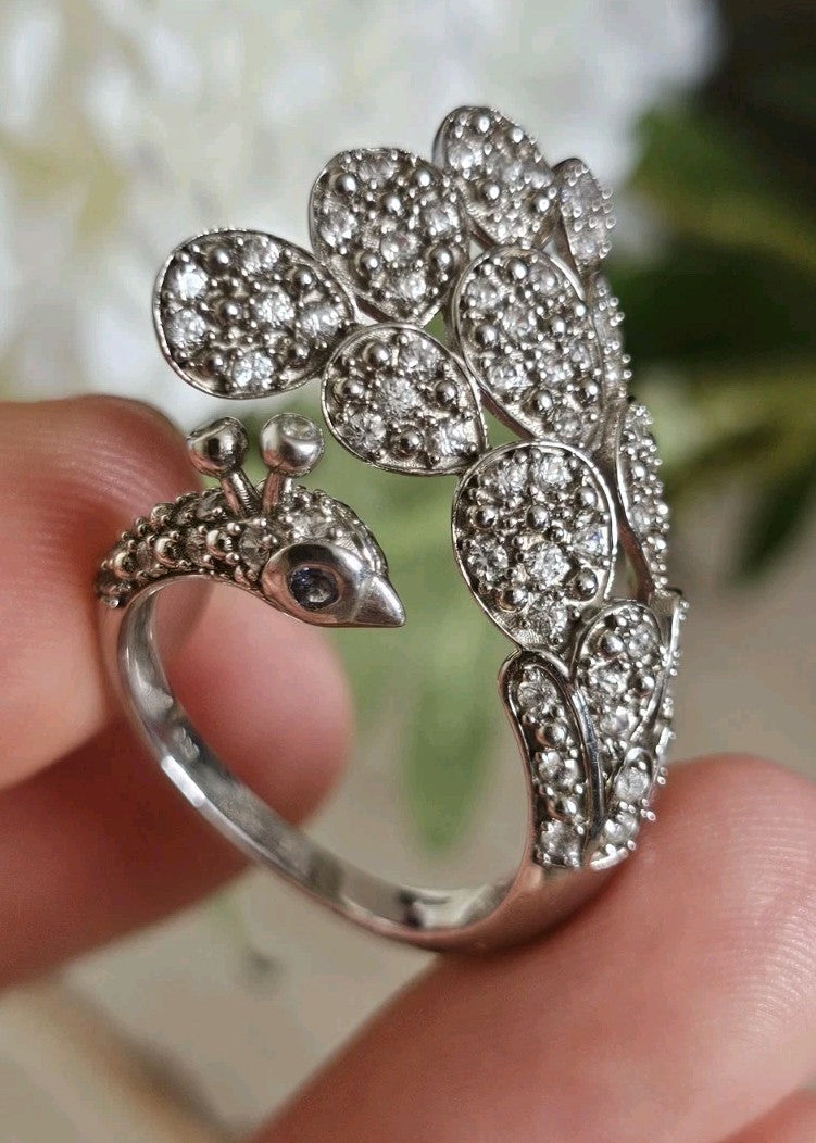TGGC 925 Silver Natural Zircon Amethyst Peacock Ring Adjustable P 1/2