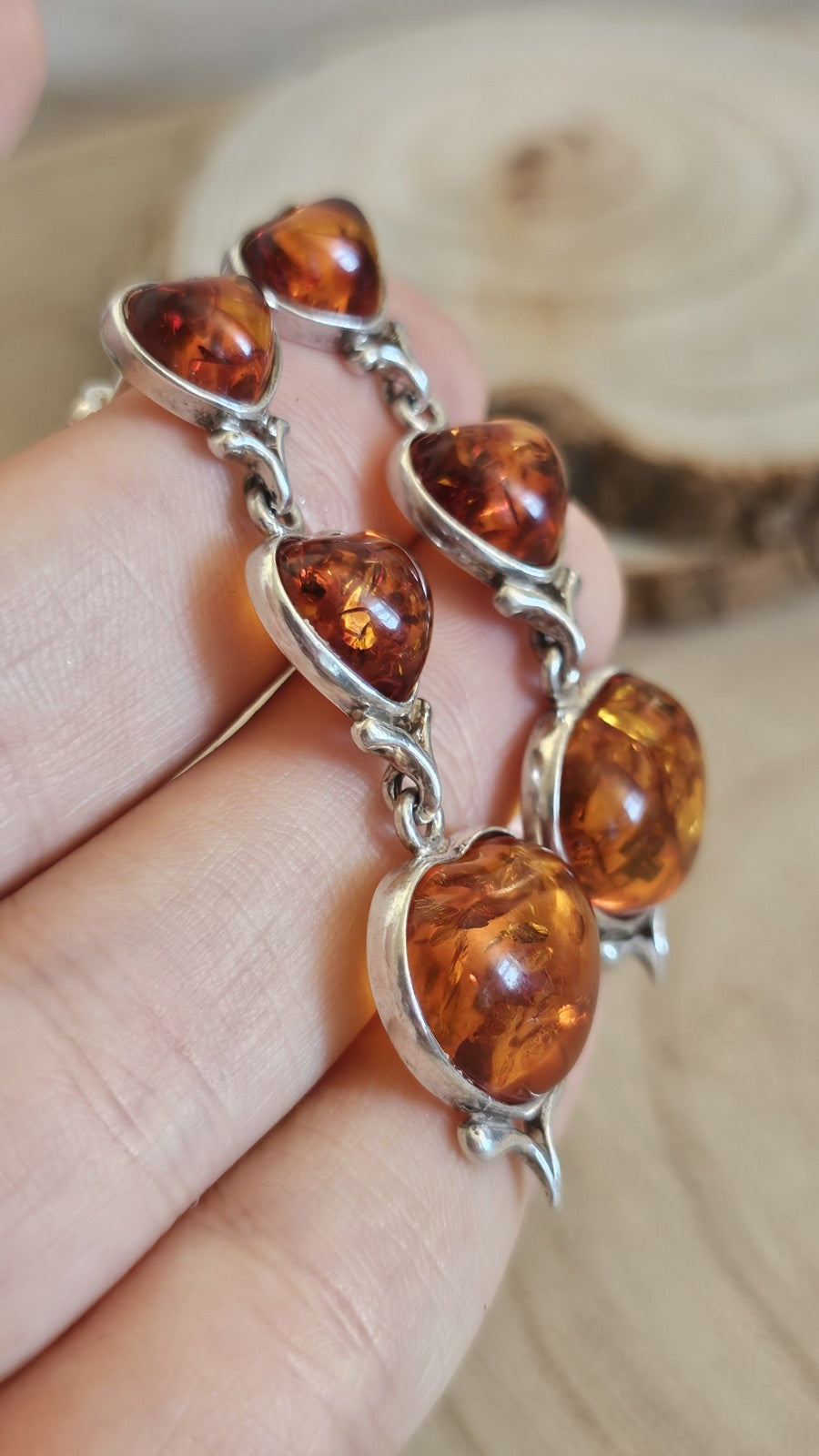 925 Sterling Silver Amber Heart Drop Earrings 3 Stone Dangle 9.37g