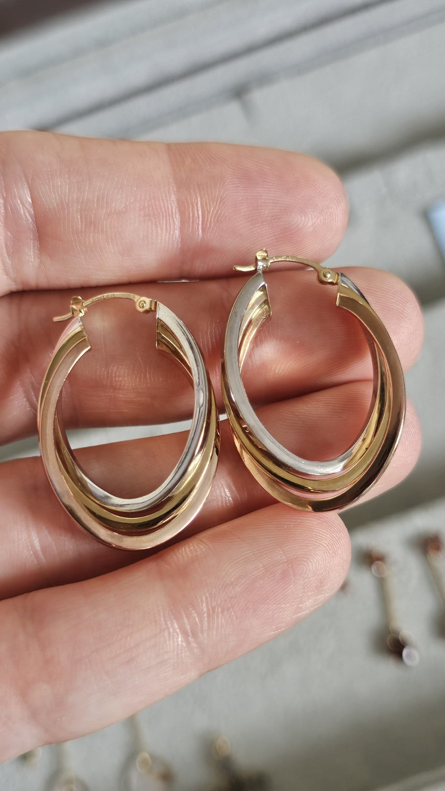 14ct Tri Colour Gold Triple Hoop Earrings 4.79g 33.5mm 14K Rose White Yellow