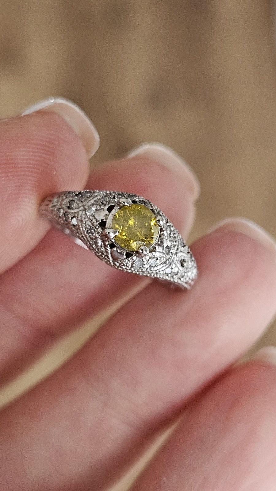 14K White Gold & 0.50 Natural Fancy Yellow  Diamond Ring, Size J 1/2