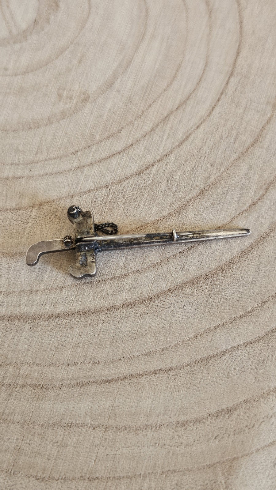 Antique Silver Sword Dagger Brooch Safety Chain Ornate Vintage Jewellery 5.17g
