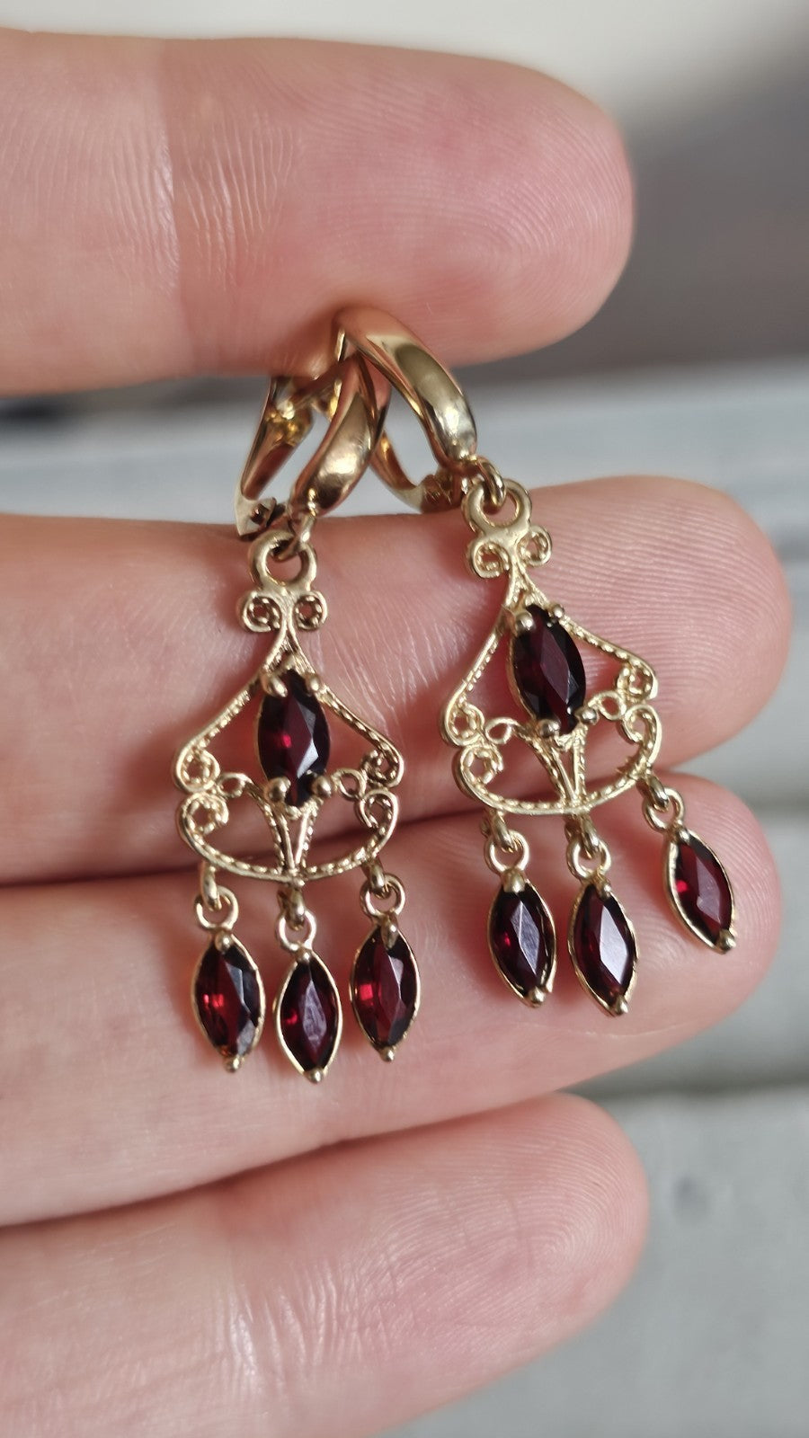 Vintage 9ct Yellow Gold Garnet Chandelier Drop Earrings 3.61g 41mm 375