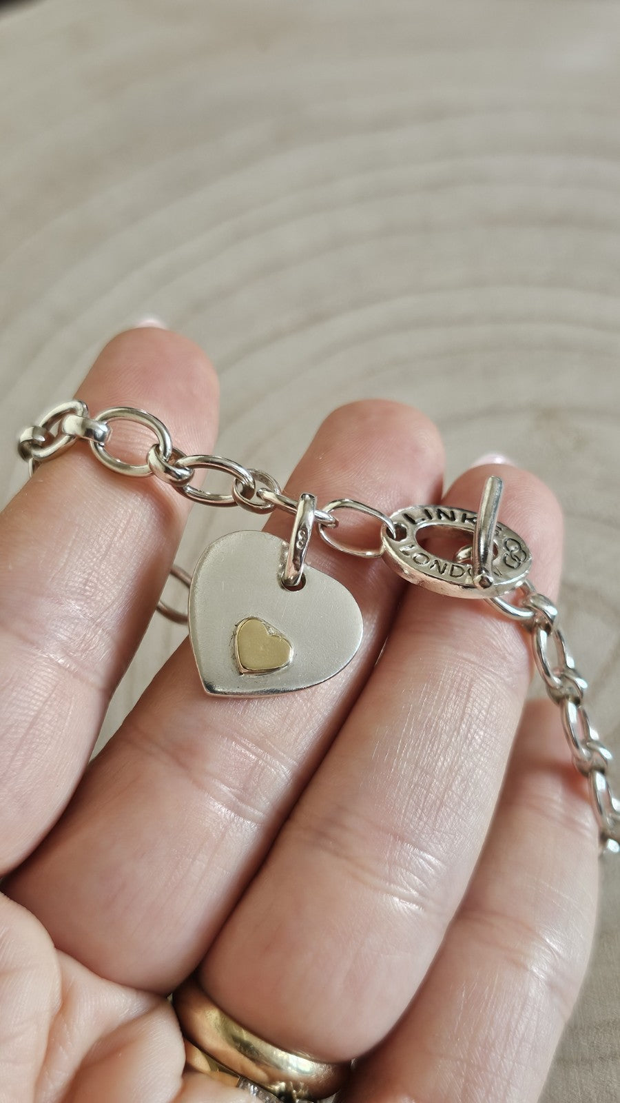 Links of London 925 Sterling Silver Heart Charm Bracelet 7.5” Toggle