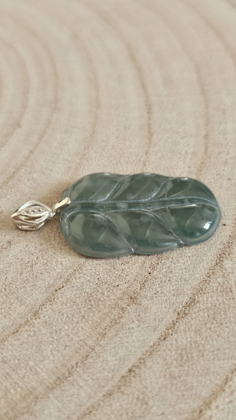 Gemporia 925 Sterling Silver Jadeite & Diamond Carved Leaf Pendant Signed G