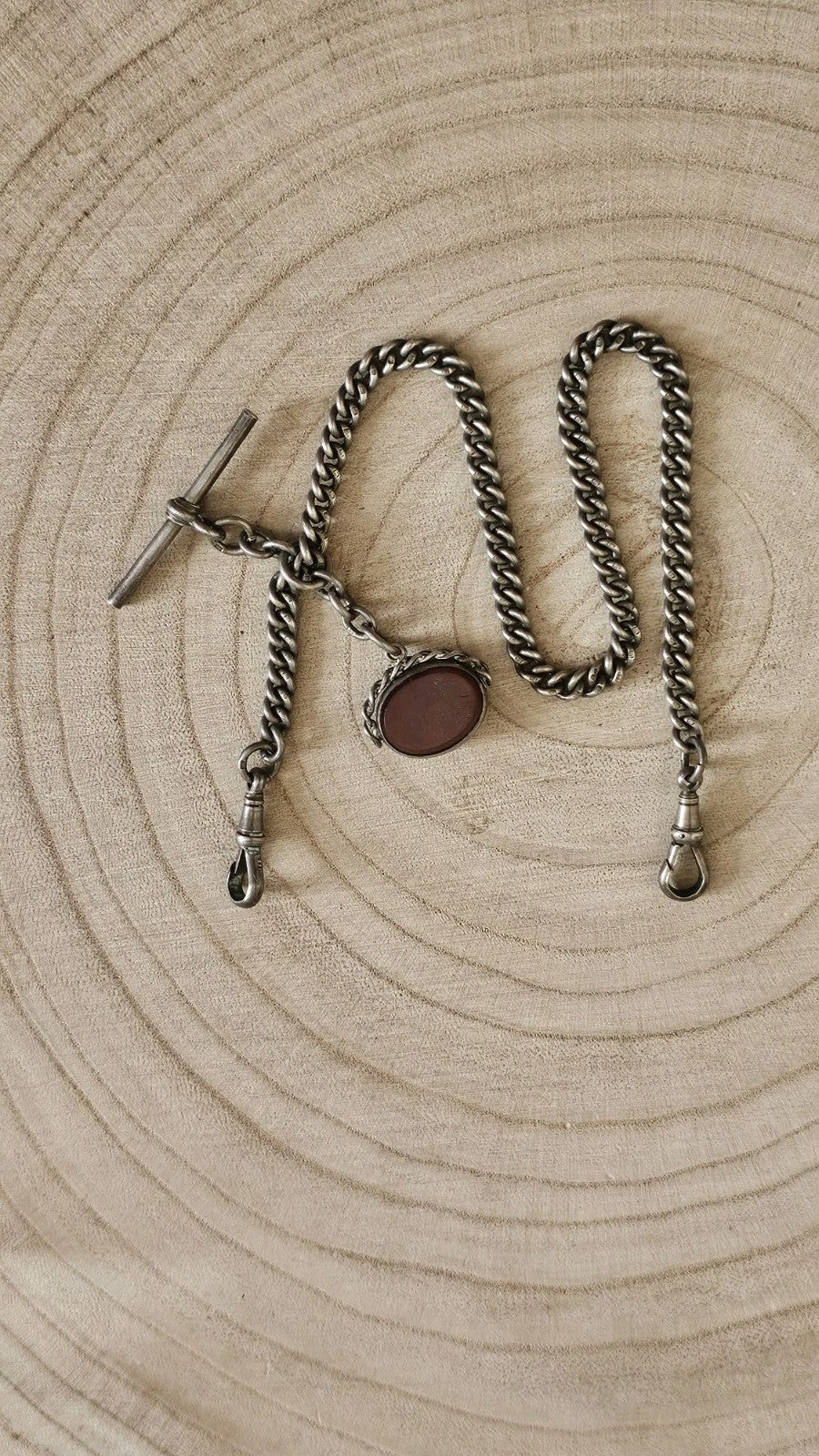 Antique 1926 Chester Sterling Albert Watch Chain 1923 Carnelian Bloodstone Fob