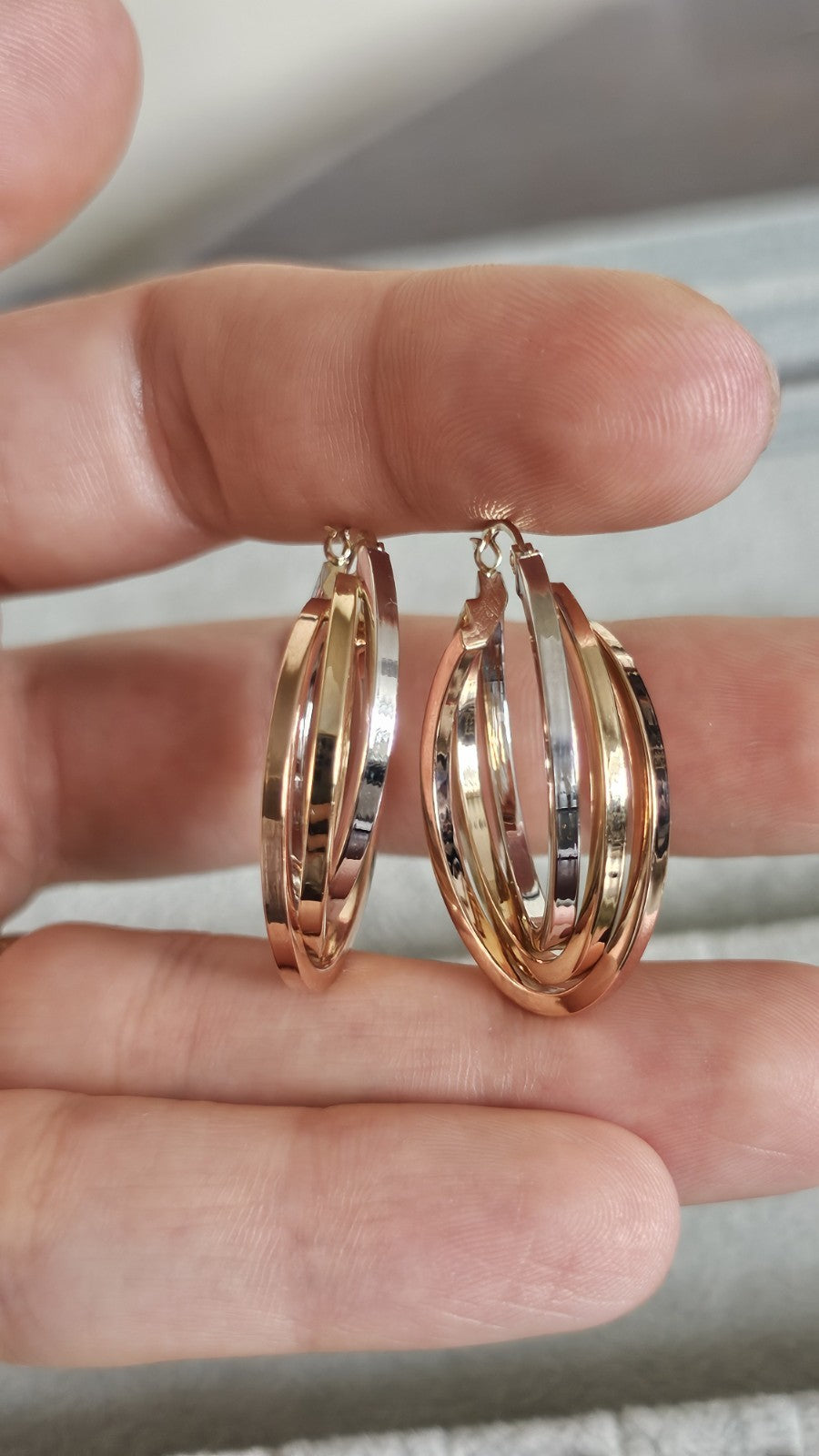14ct Tri Colour Gold Triple Hoop Earrings 4.79g 33.5mm 14K Rose White Yellow