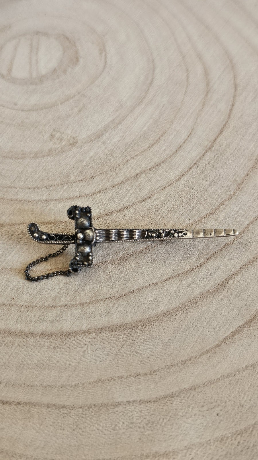 Antique Silver Sword Dagger Brooch Safety Chain Ornate Vintage Jewellery 5.17g