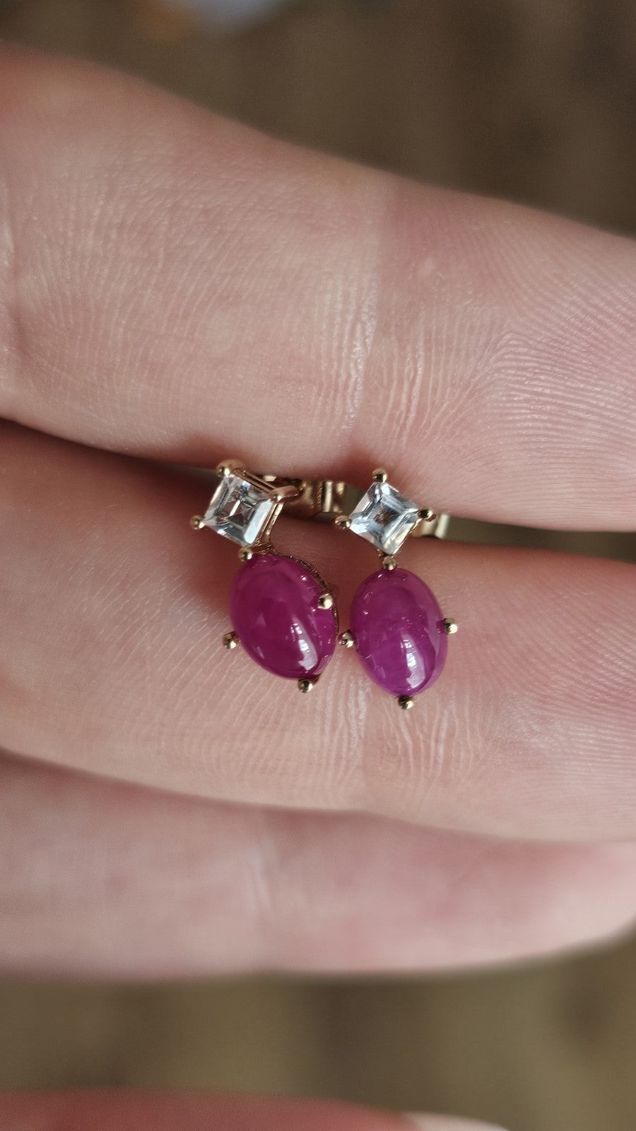 9ct Yellow Gold Natural Ruby & White Topaz Drop Stud Earrings – 1.68g