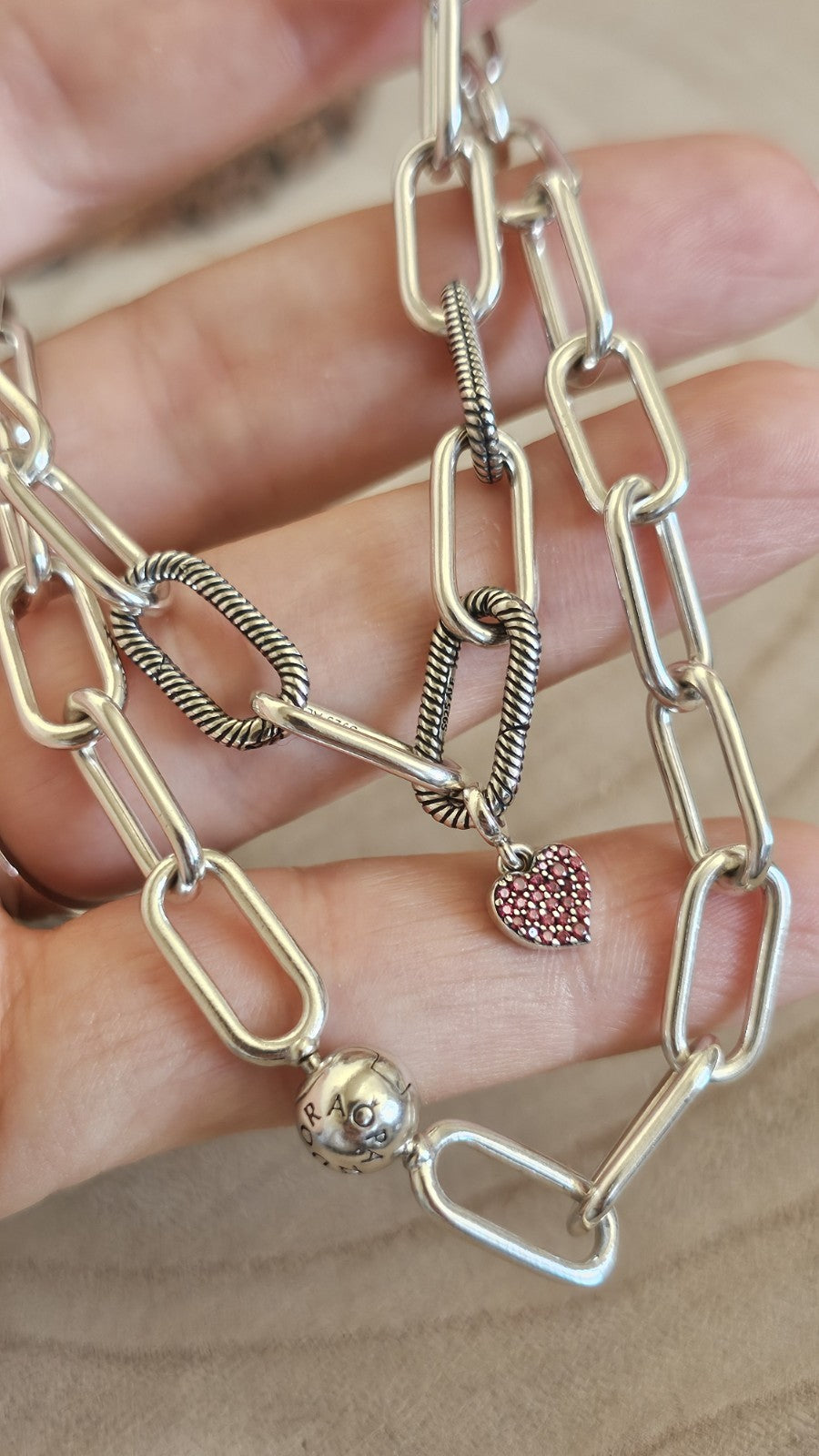 Pandora ALE 925 Sterling Silver Paperclip Chain Necklace Heart Charm 17.5"35.21g