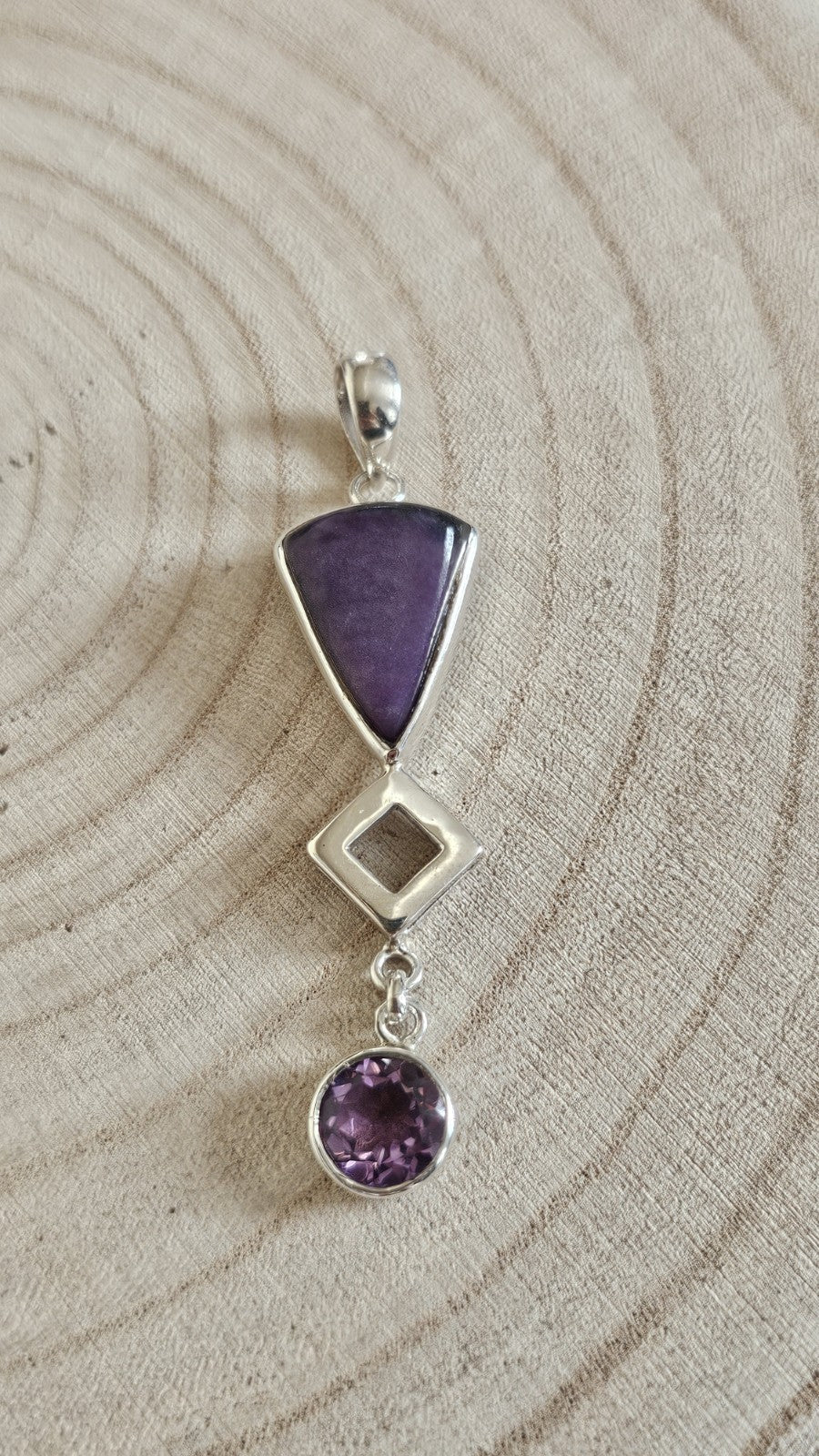 925 Sterling Silver Purple Gemstone & Amethyst Geometric Drop Pendant 9.35g