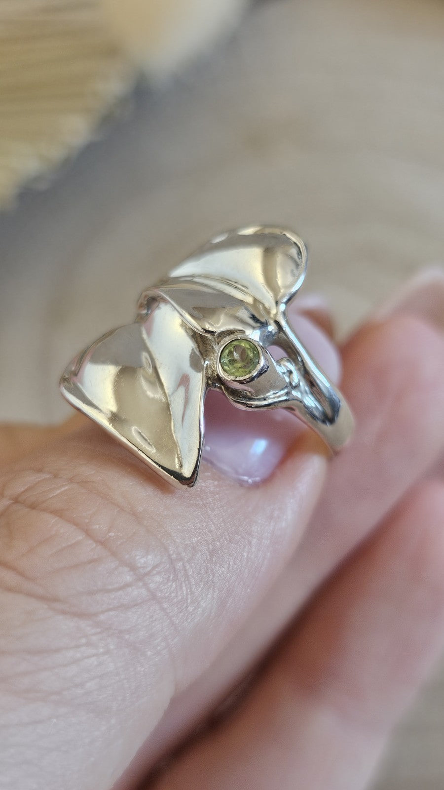 925 Sterling Silver Natural Peridot Leaf Statement Ring Size P 7.14g