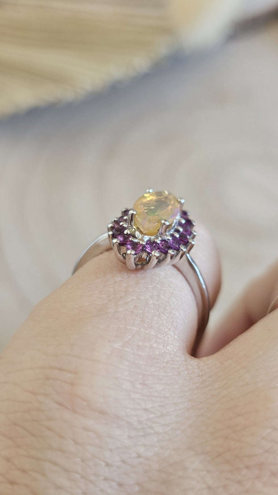 925 Sterling Silver Opal Rhodolite Garnet Halo Statement Ring Size N 1/2 3.90g
