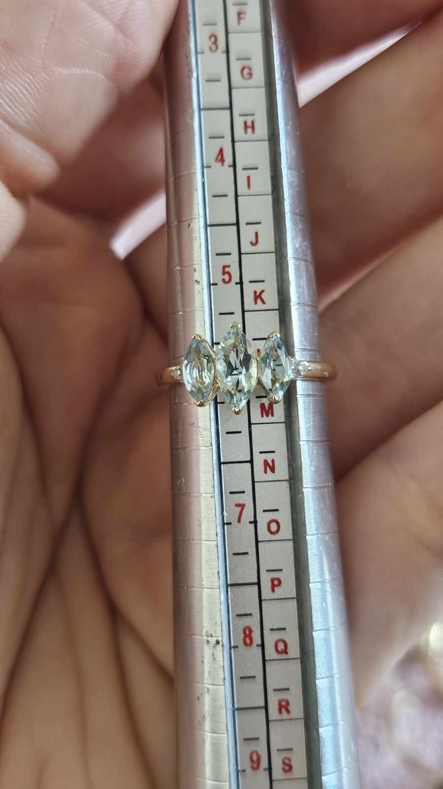 10ct Yellow Gold Natural Aquamarine & Diamond Trilogy Ring Size L | Hallmarked