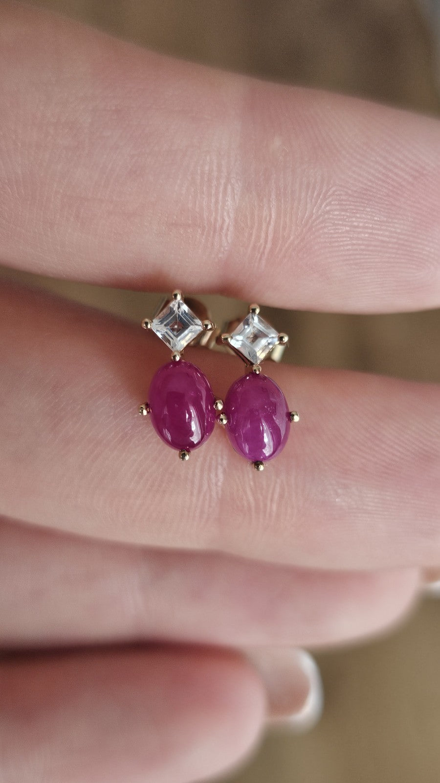 9ct Yellow Gold Natural Ruby & White Topaz Drop Stud Earrings – 1.68g