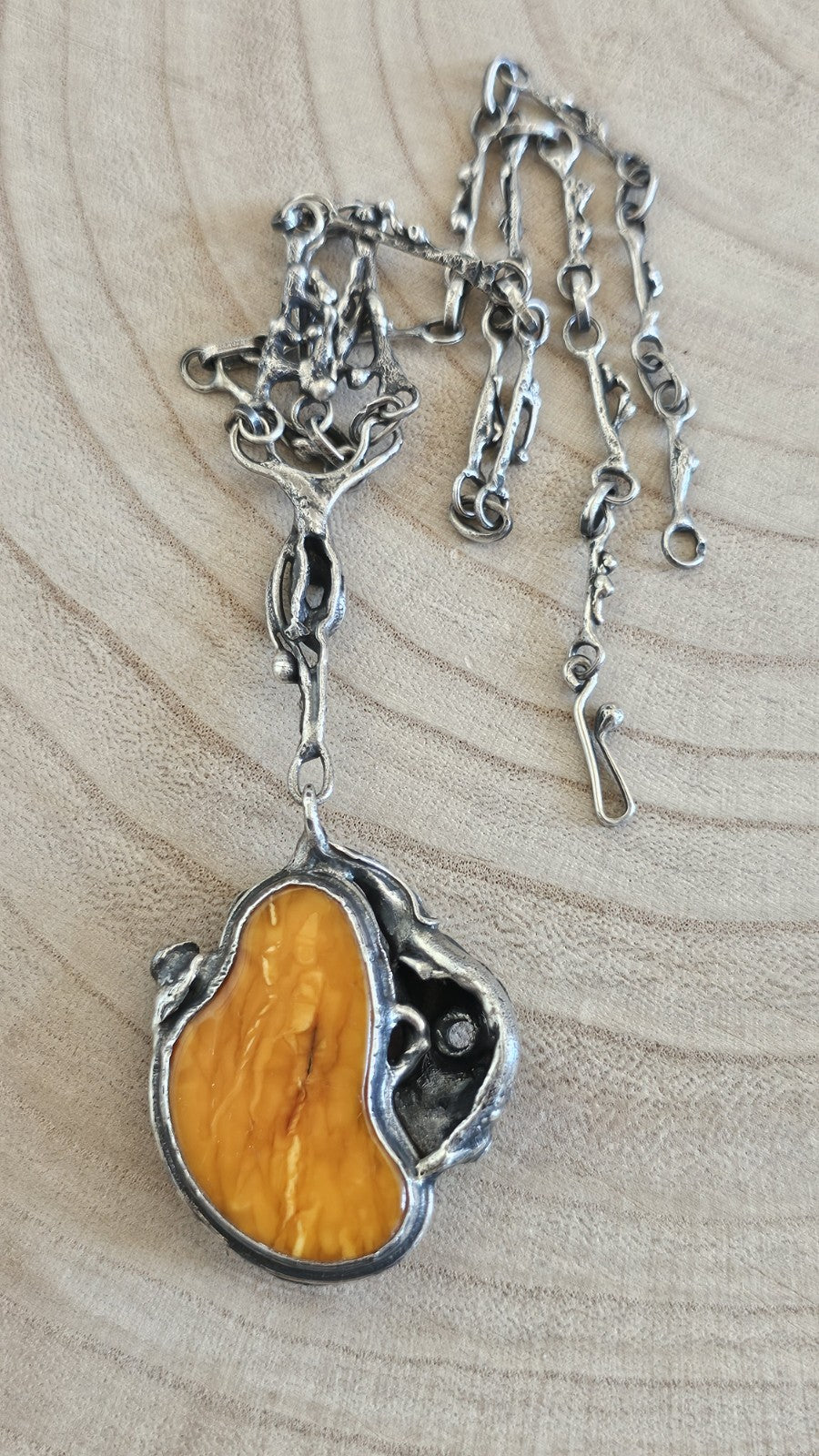 Vintage Polish 800 Silver Amber Brutalist Pendant Necklace TMS Warsaw, 37g