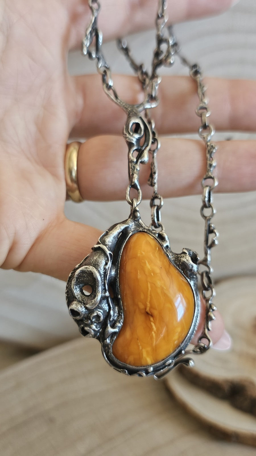 Vintage Polish 800 Silver Amber Brutalist Pendant Necklace TMS Warsaw, 37g