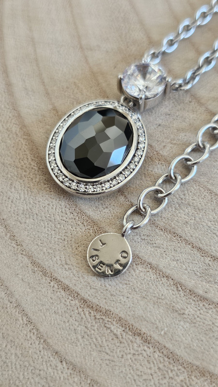 TI SENTO  Sterling Silver Black & Clear Stone Pendant Necklace 19-20.5", 29.76g 