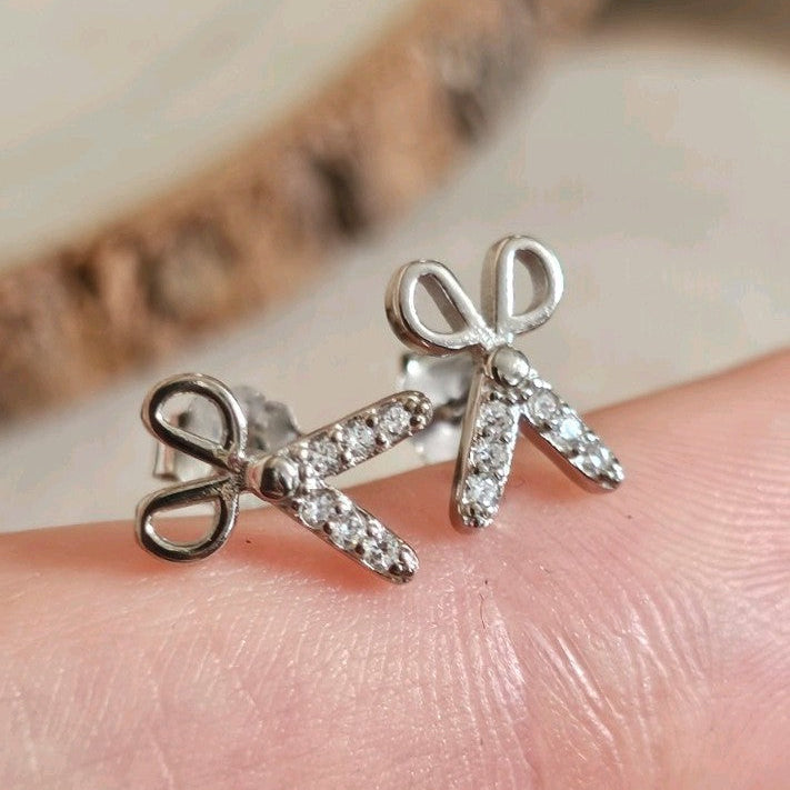 925 Sterling Silver CZ Craft Scissors Stud Earrings – Rhodium Plated, New Boxed
