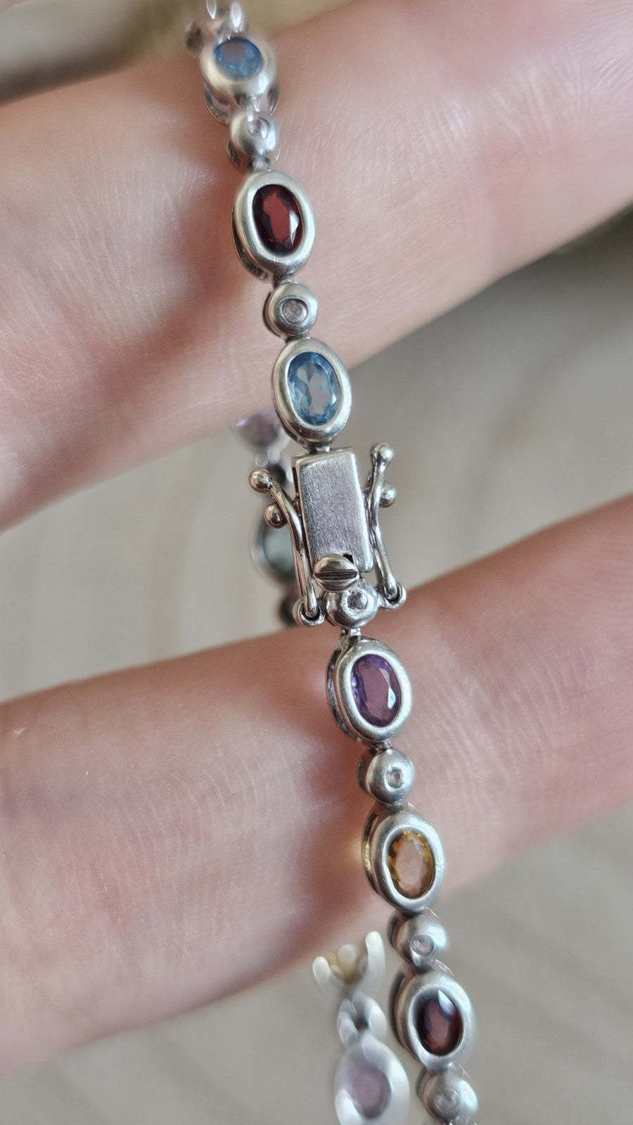 925 Sterling Silver Multi Gemstone Bracelet Garnet Amethyst Topaz 8inches