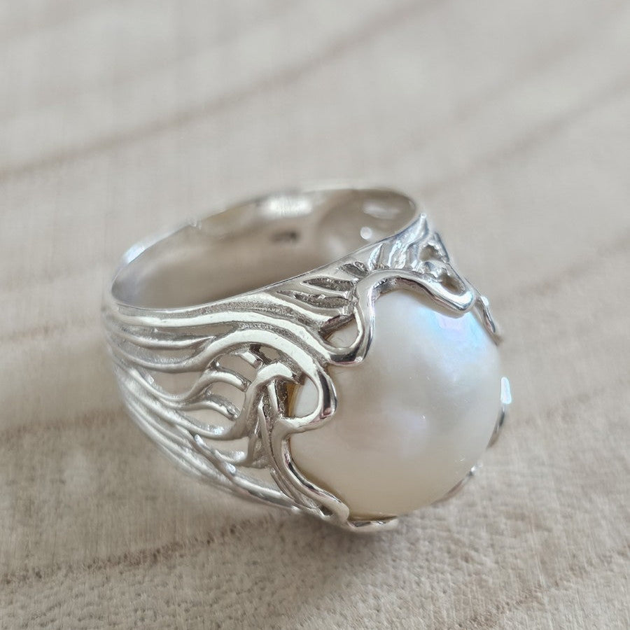 Vintage 925 Sterling Silver Large Pearl Statement Ring – Size R 1/2 – 7.59g