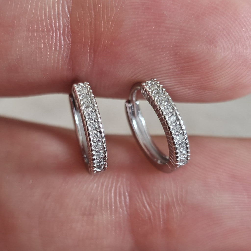 925 Sterling Silver CZ Huggie Hoop Earrings Rhodium Plated 13mm New