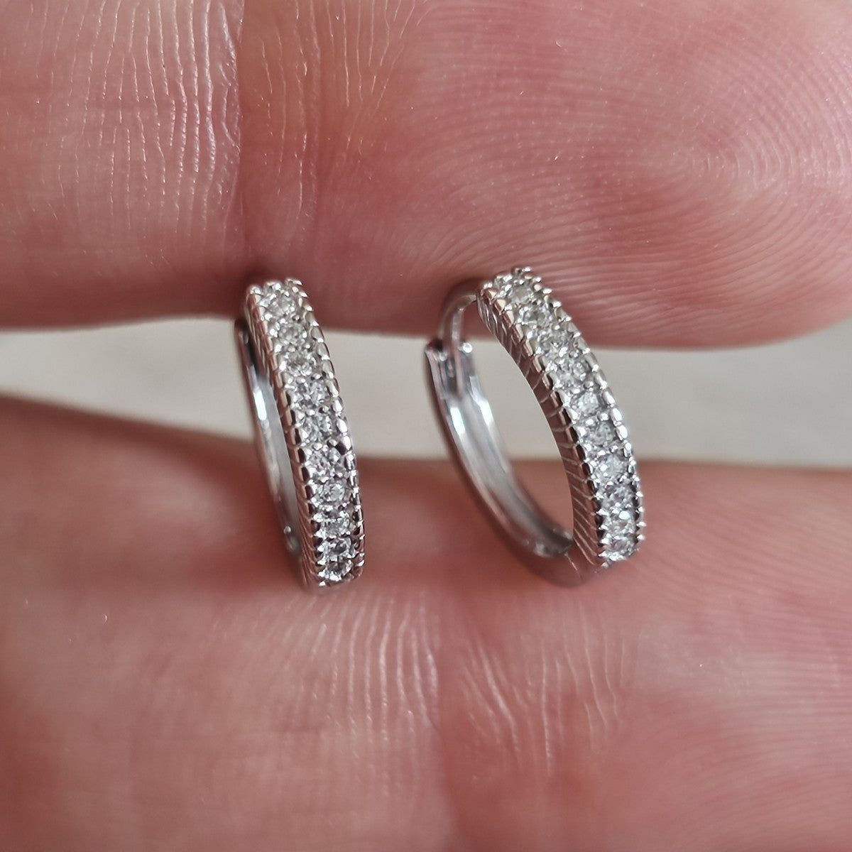 925 Sterling Silver CZ Huggie Hoop Earrings Rhodium Plated 13mm New