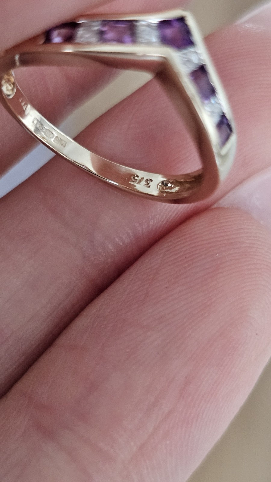 9ct Yellow Gold Natural Amethyst & Diamond Wishbone Ring Size K Hallmarked