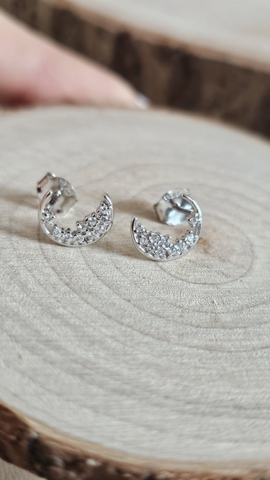 925 Sterling Silver CZ Crescent Moon Stud Earrings Rhodium Plated New