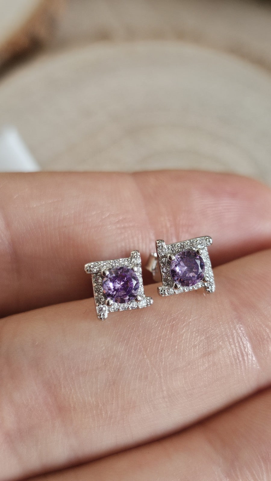 925 Sterling Silver Amethyst CZ Stud Earrings Rhodium Plated 7mm New in Box
