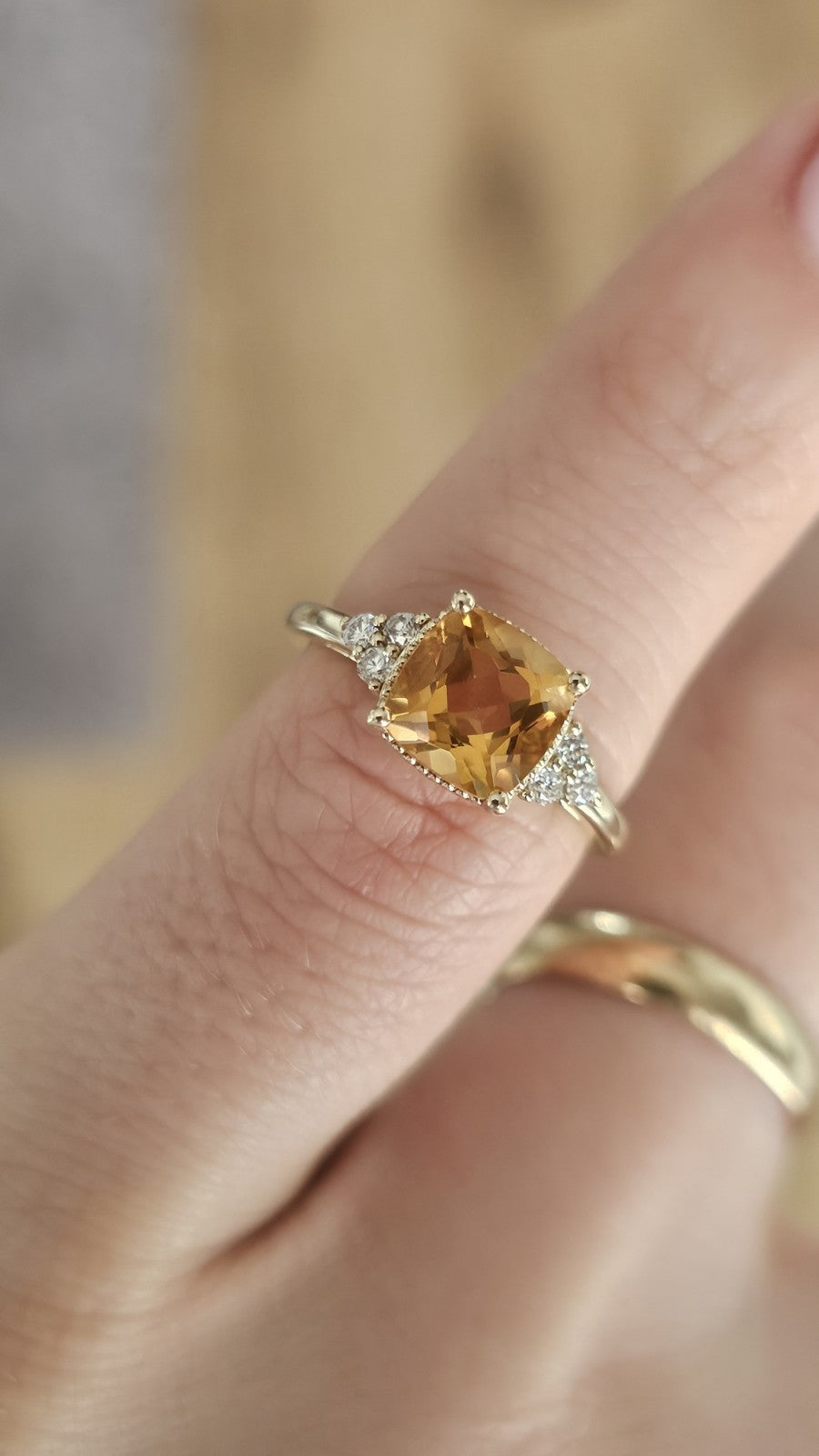 9ct Yellow Gold Natural Citrine & 0.13ct Diamond Ring Size K 1/2 Hallmarked