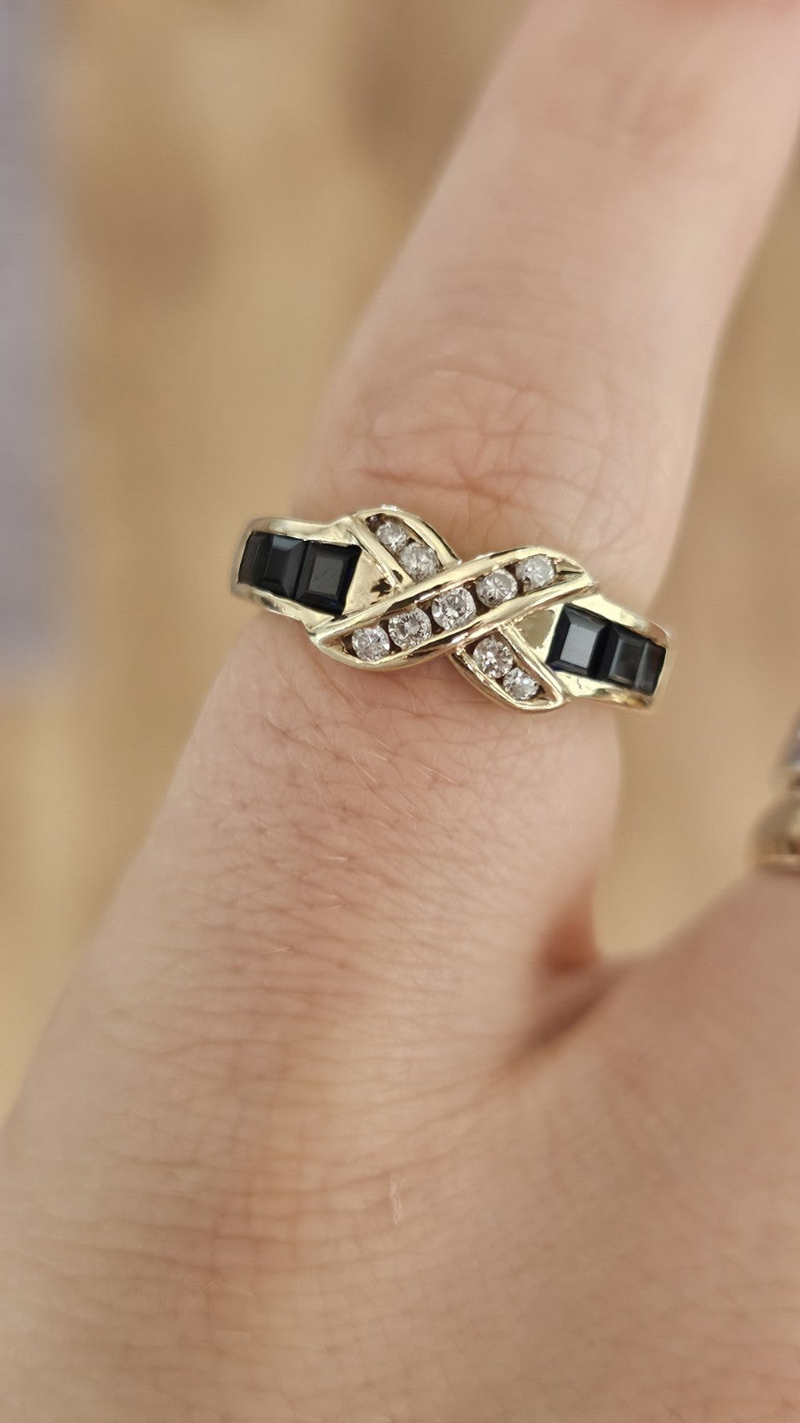 9ct Yellow Gold Natural Diamond Sapphire Crossover Ring Size L Hallmarked 2.70g
