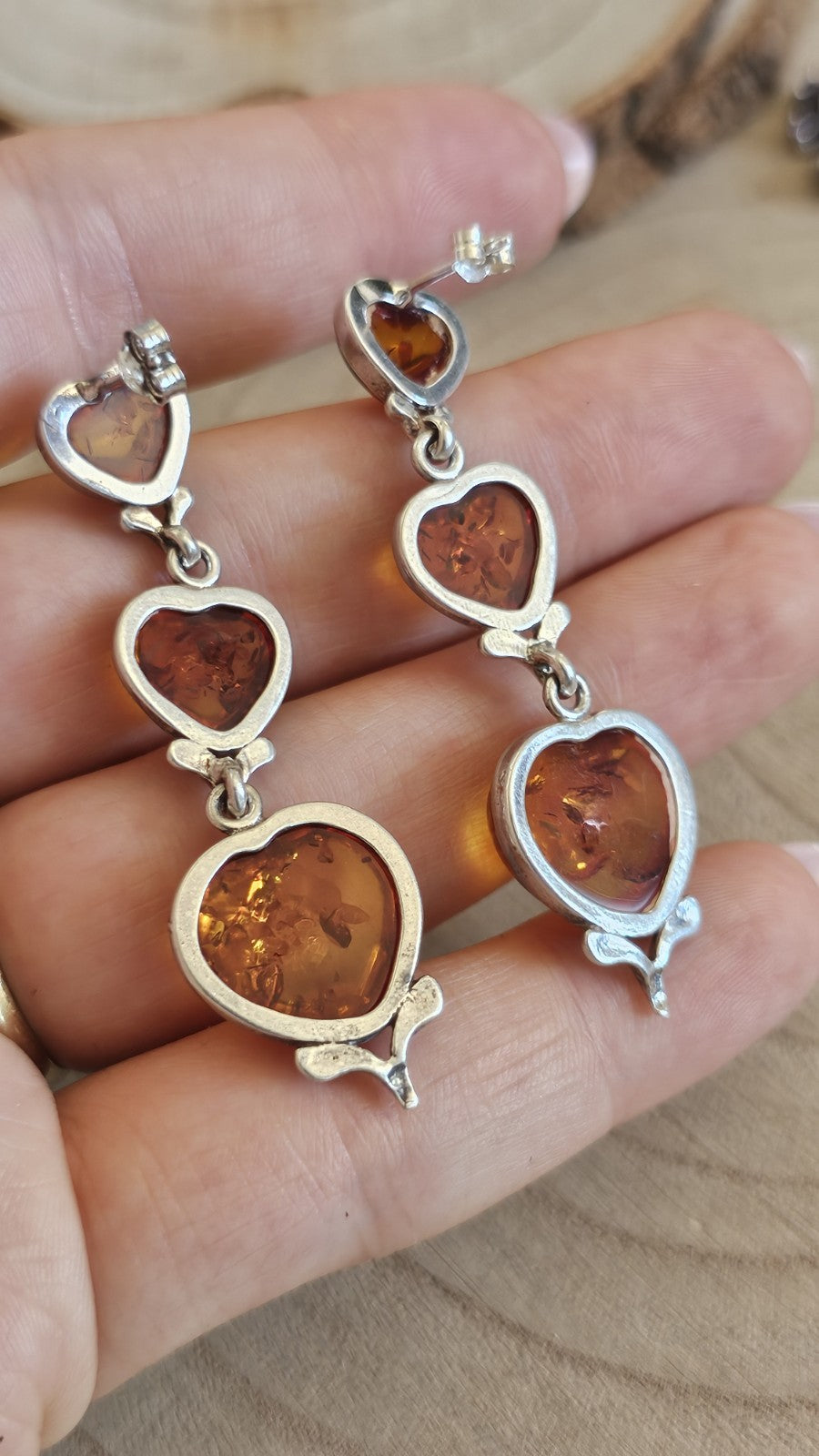 925 Sterling Silver Amber Heart Drop Earrings 3 Stone Dangle 9.37g