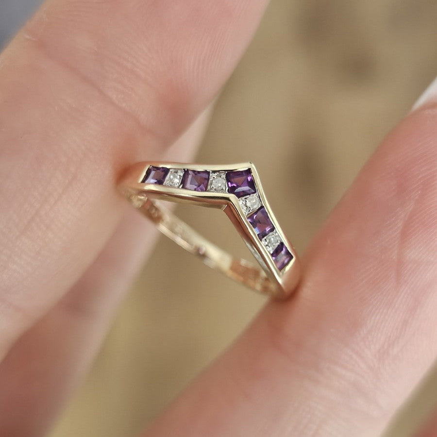 9ct Yellow Gold Natural Amethyst & Diamond Wishbone Ring Size K Hallmarked