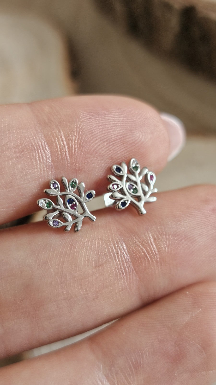 925 Sterling Silver Multicoloured CZ Tree Stud Earrings 10mm, New Boxed