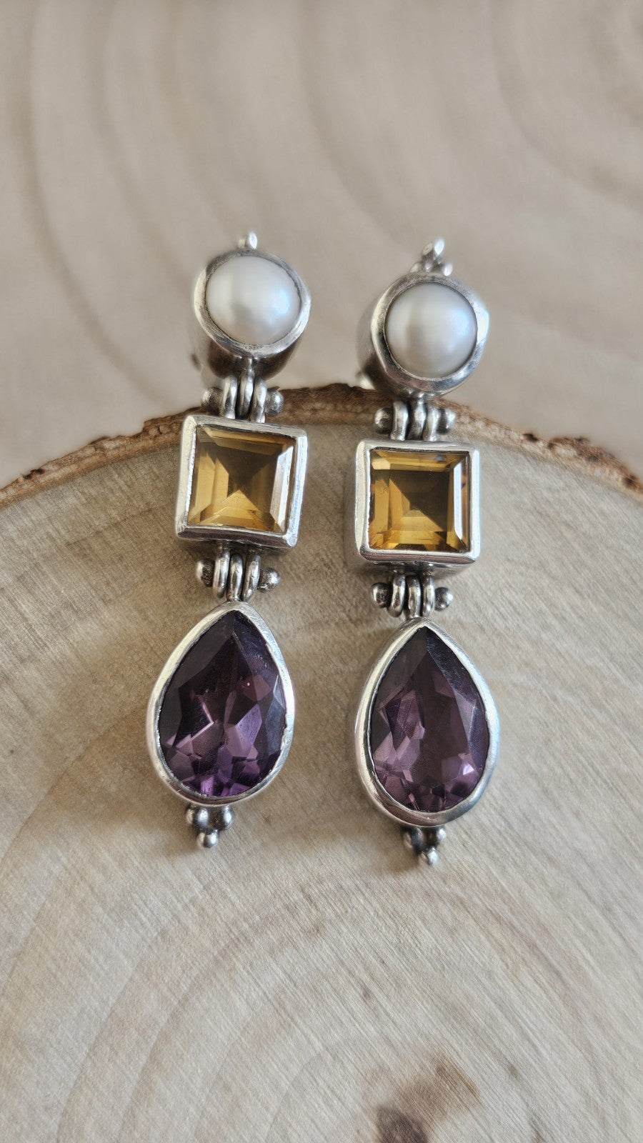 Vintage 925 Sterling Silver Pearl Citrine Amethyst Drop Earrings 12.12g
