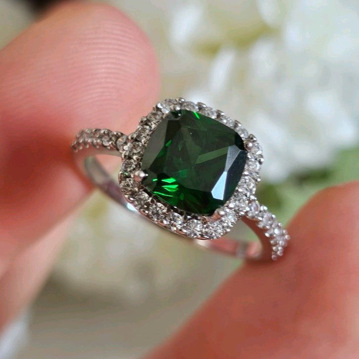 925 Sterling Silver Green CZ Halo Ring Size Q Cushion Cut 3.06g