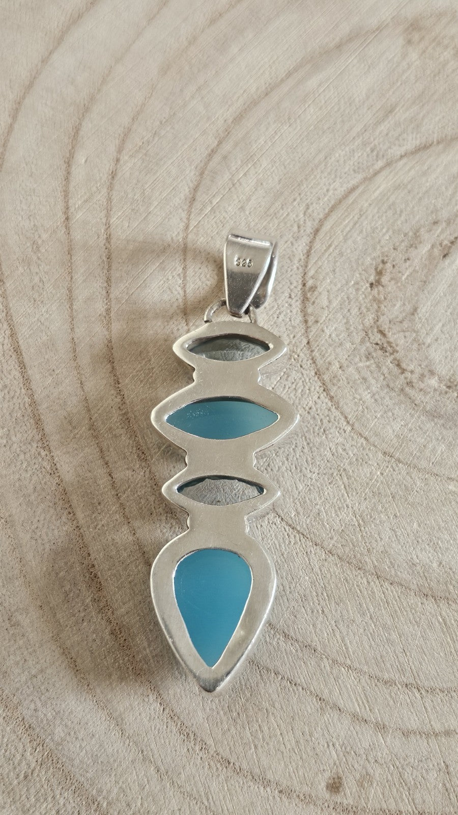 925 Sterling Silver Blue Chalcedony & Blue Topaz Gemstone Pendant – Length 62mm