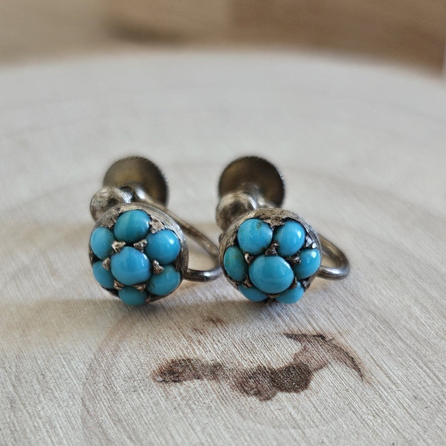 Antique 800 Silver Turquoise Cluster Screw Back Earrings 2.59g