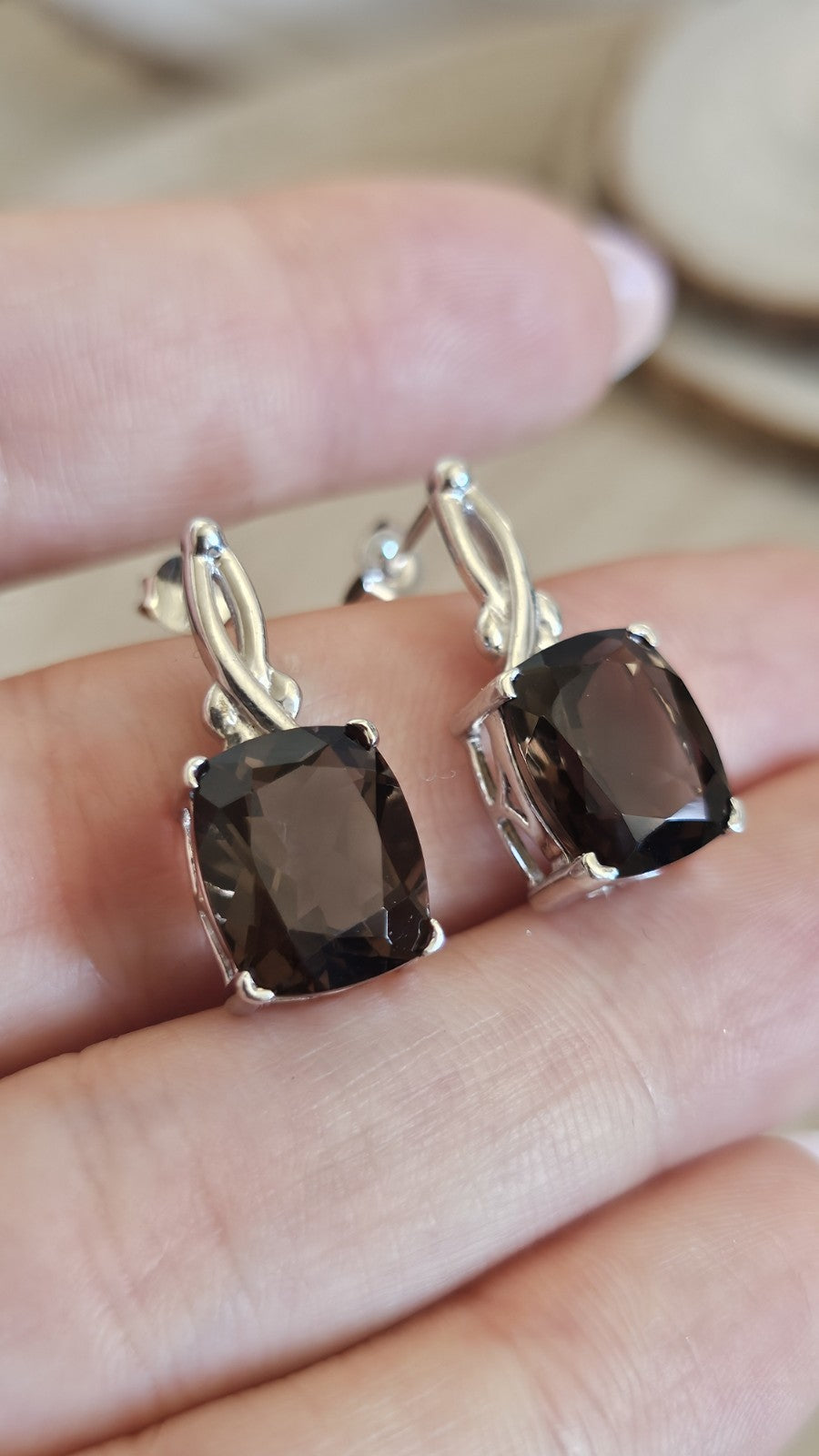 925 Sterling Silver TGGC Smoky Quartz Drop Earrings 5.78g 24mm