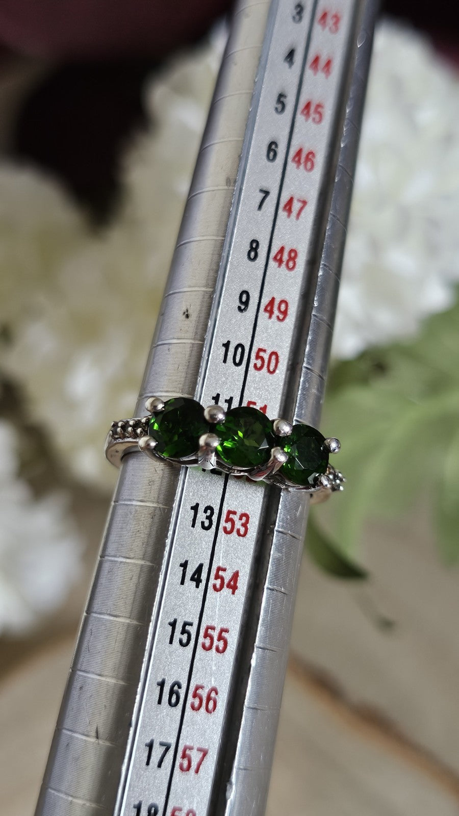 925 Sterling Silver Chrome Diopside Trilogy Ring Size L 1/2 TGGC 2.56g