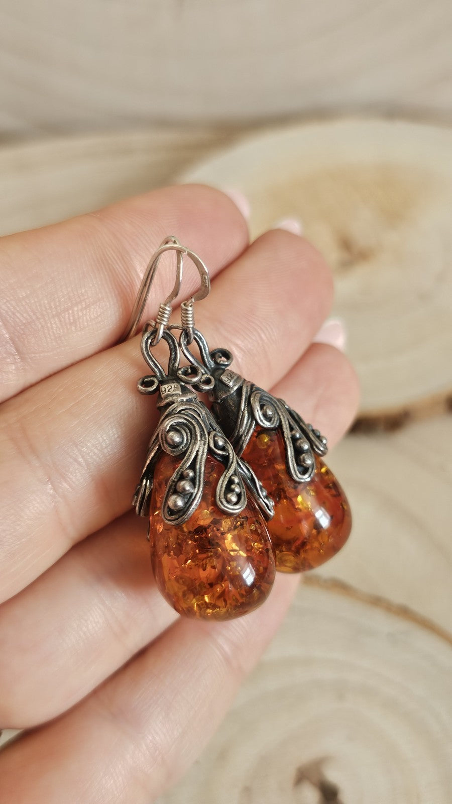 Vintage 925 Sterling Silver Amber Drop Earrings Ornate Dangle 13.57g