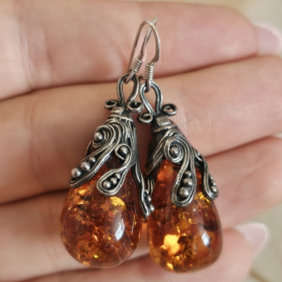 Vintage 925 Sterling Silver Amber Drop Earrings Ornate Dangle 13.57g