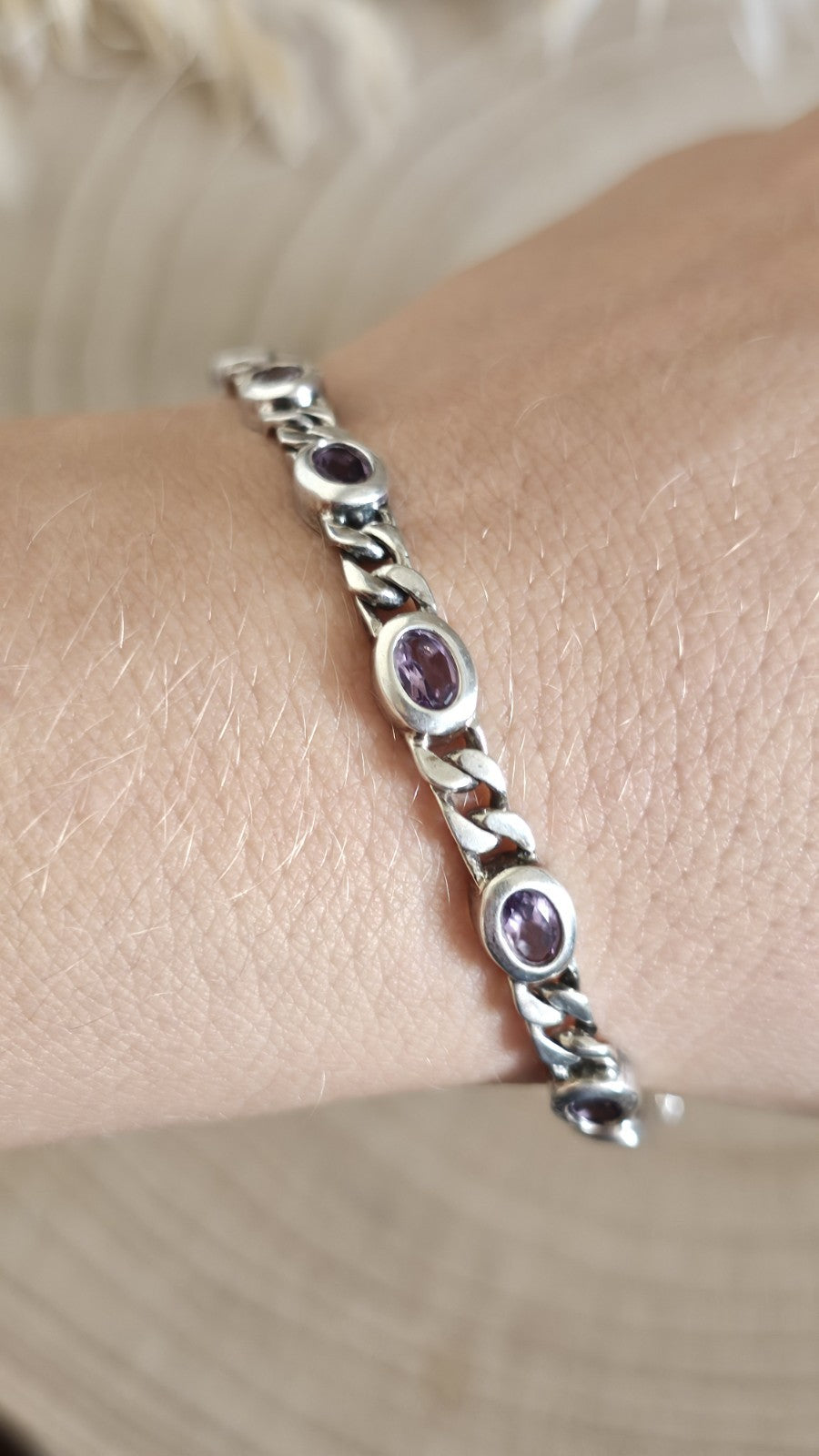 925 Sterling Silver Curb Link Amethyst Bracelet 18.5cm Hallmarked 13.39g