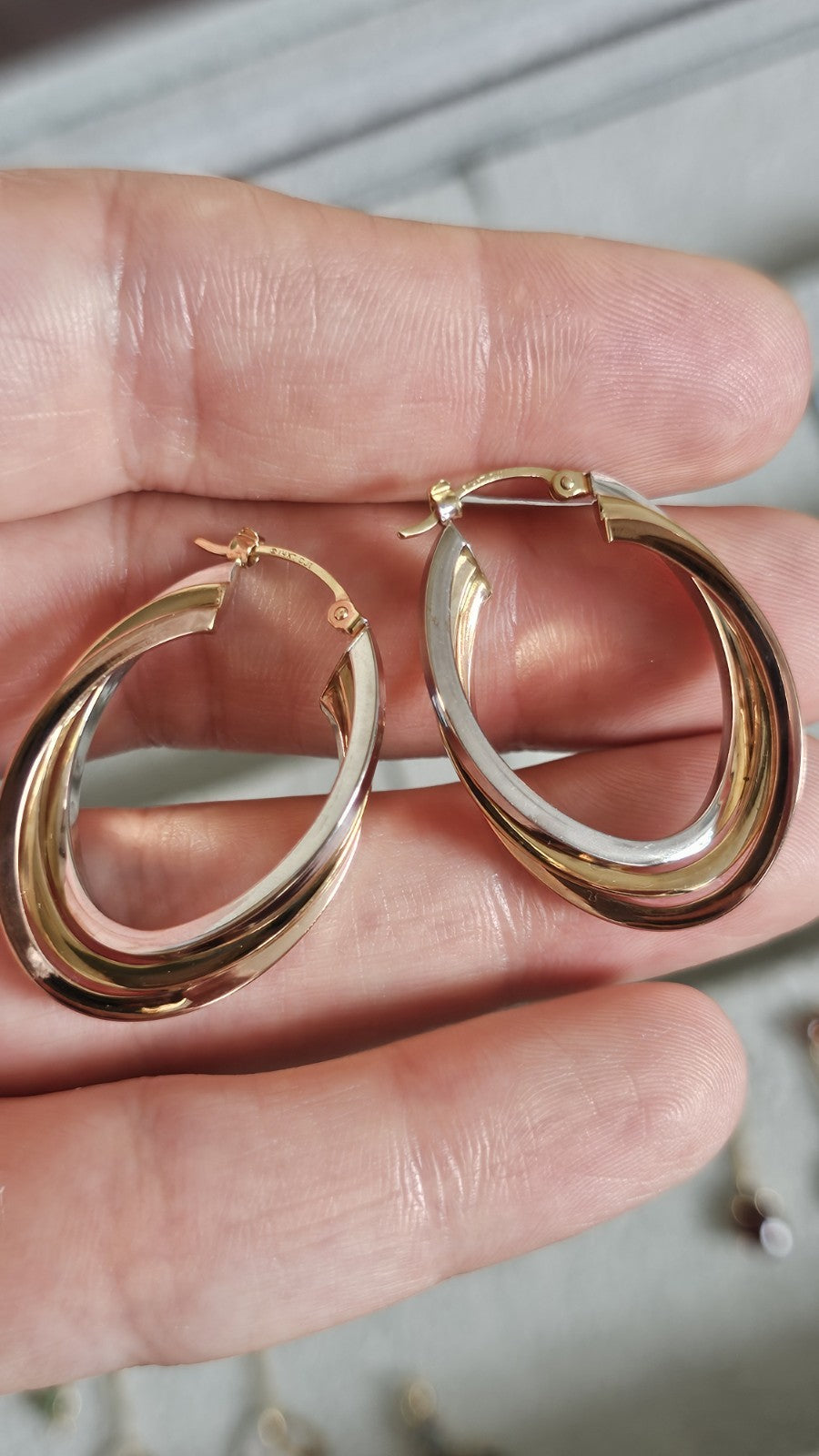 14ct Tri Colour Gold Triple Hoop Earrings 4.79g 33.5mm 14K Rose White Yellow