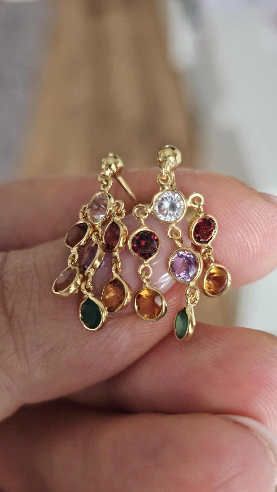 18ct Yellow Gold Multi Gemstone Chandelier Drop Earrings 3g Hallmarked