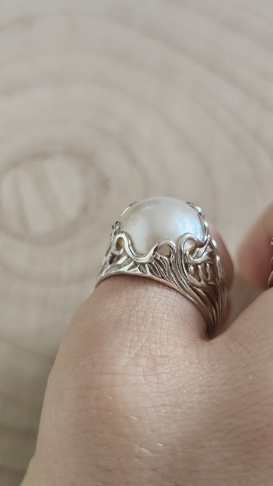 Vintage 925 Sterling Silver Large Pearl Statement Ring – Size R 1/2 – 7.59g
